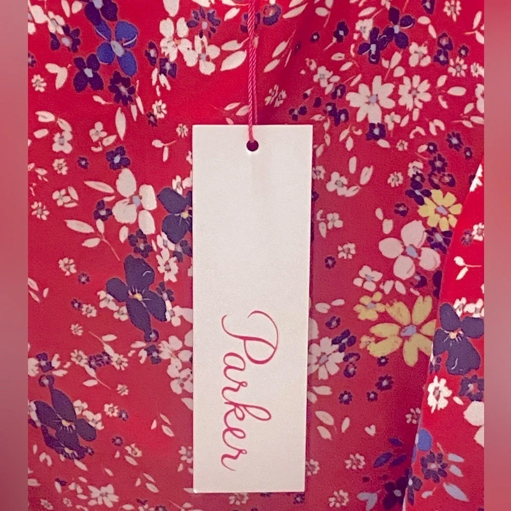 Parker Red Scilla Floral Ruffle Smocked Waist Mini Dress M NWT - Picture 11 of 11
